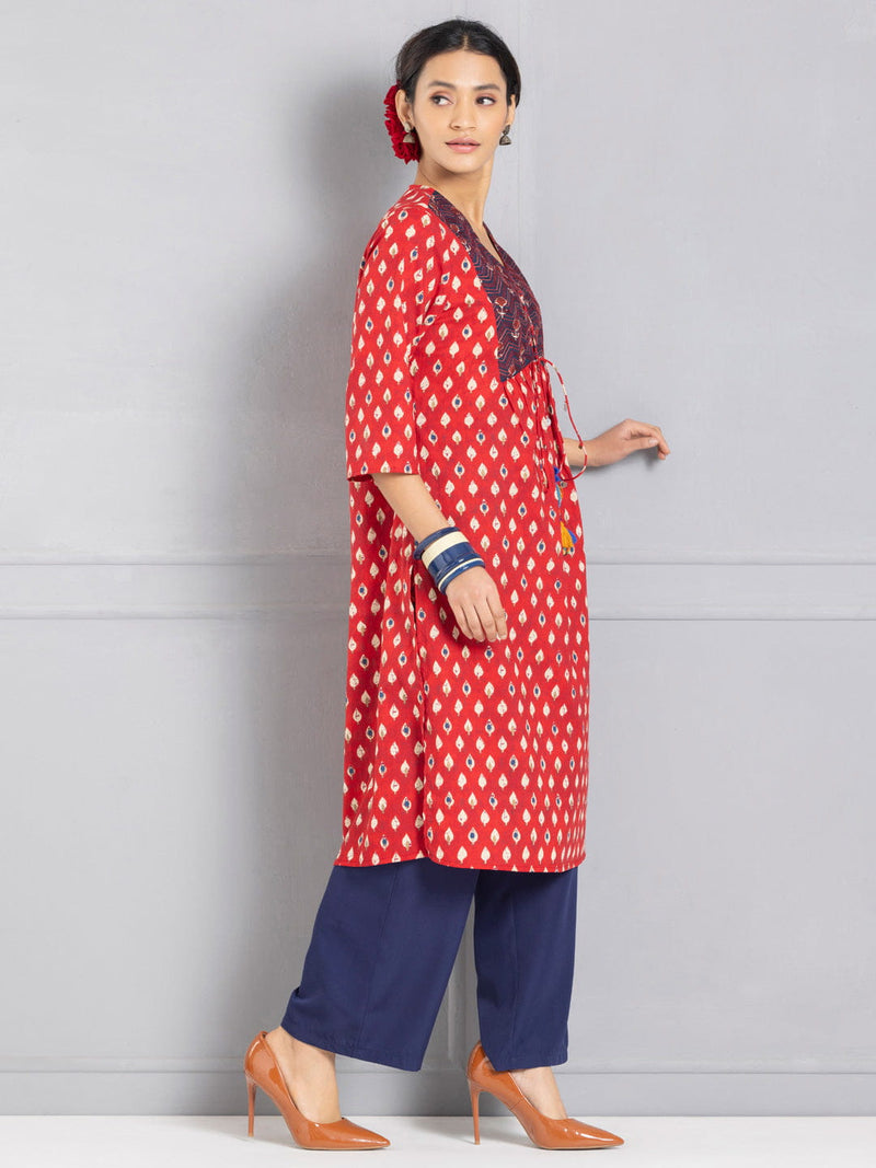 Maroon Printed & Embroidered Tasseled Kurta