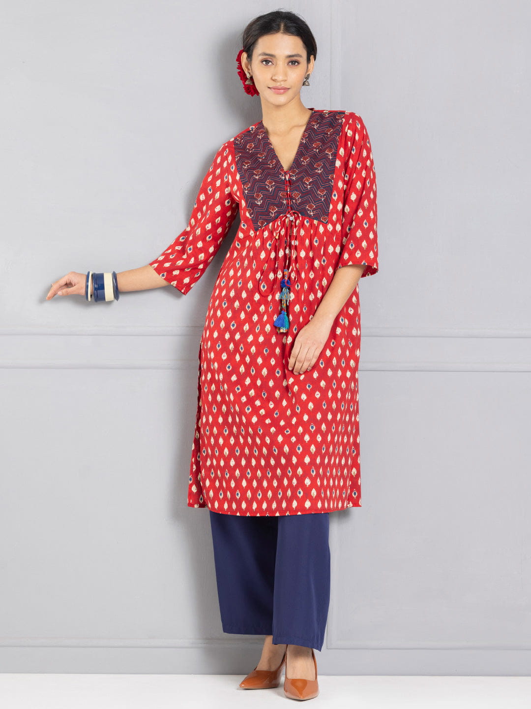 Maroon Printed & Embroidered Tasseled Kurta