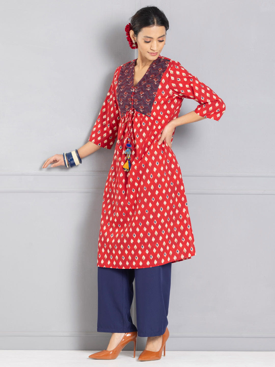 Maroon Printed & Embroidered Tasseled Kurta