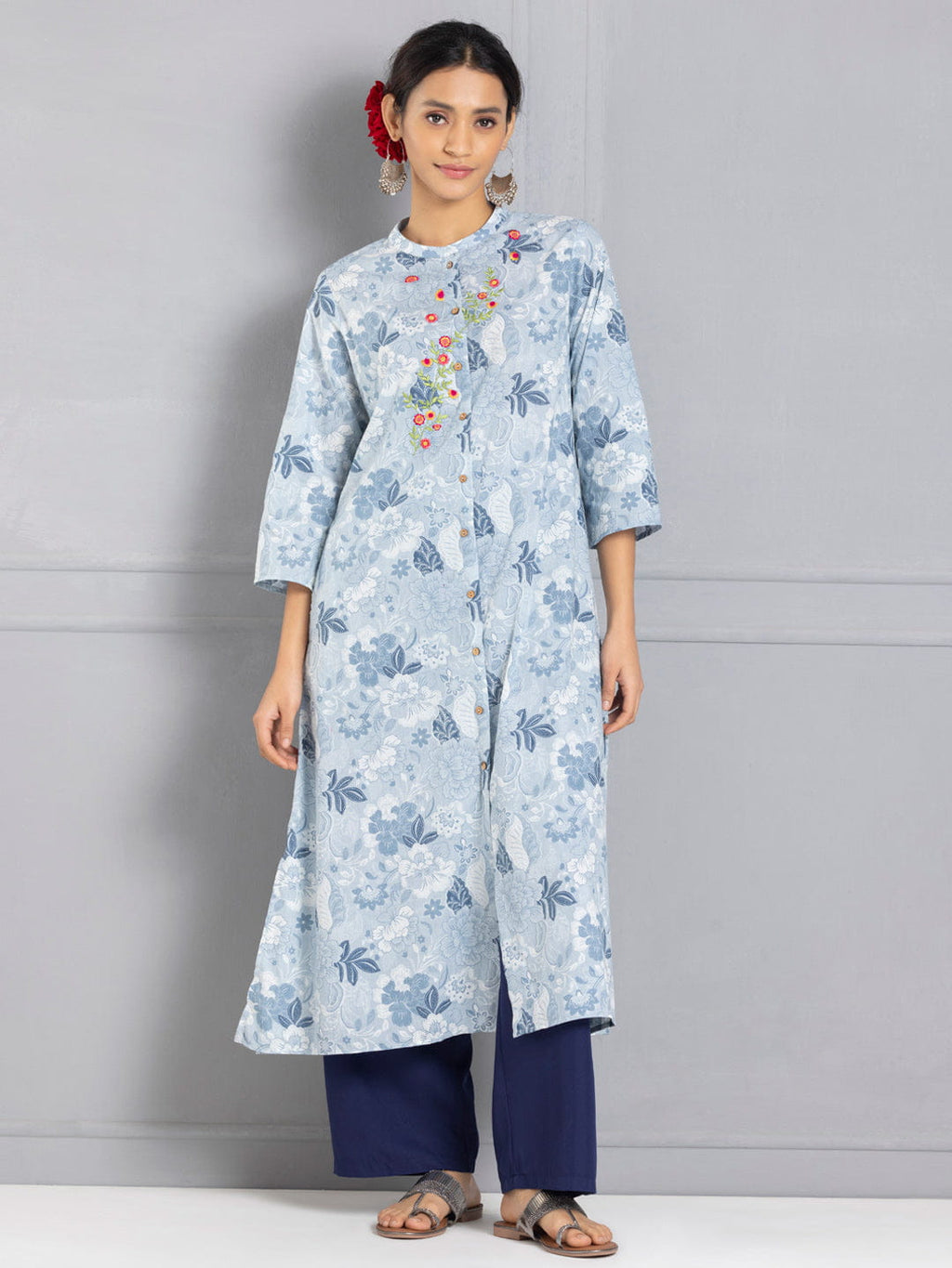 Blue Floral Embroidered & Printed Button Down Kurta