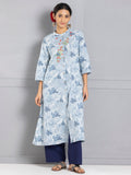 Blue Floral Embroidered & Printed Button Down Kurta
