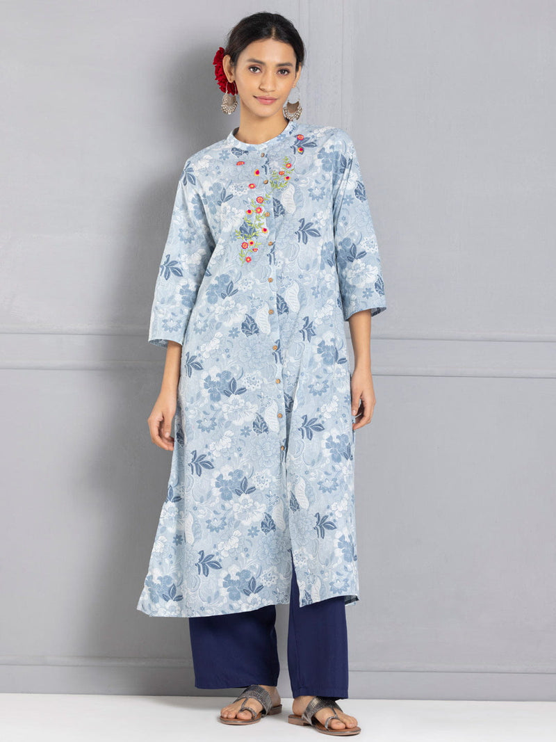 Blue Floral Embroidered & Printed Button Down Kurta