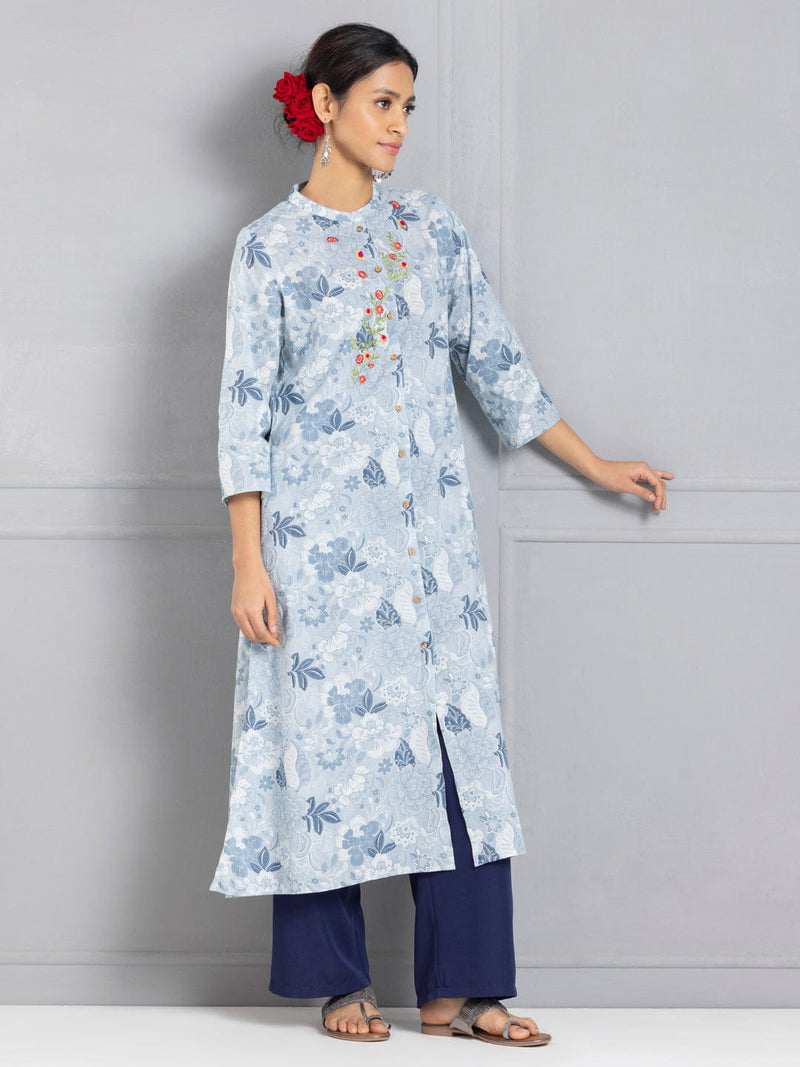 Blue Floral Embroidered & Printed Button Down Kurta