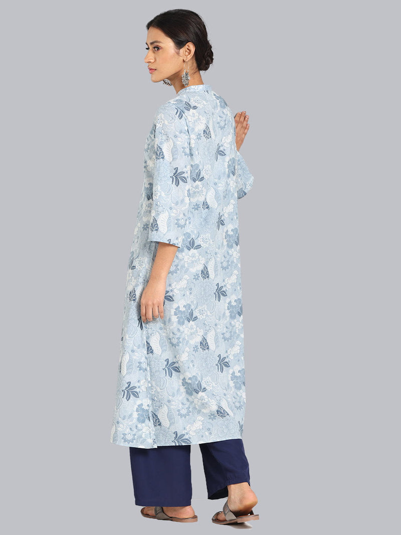 Blue Floral Embroidered & Printed Button Down Kurta
