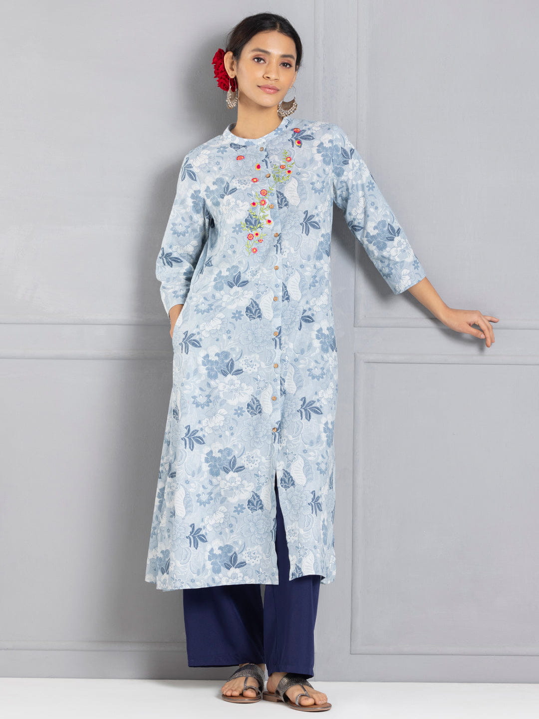 Blue Floral Embroidered & Printed Button Down Kurta