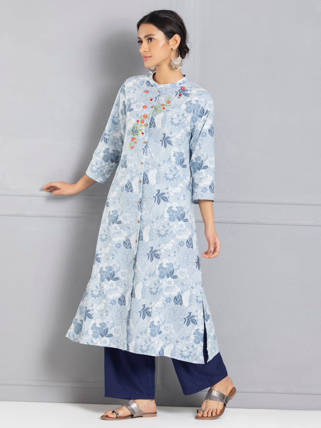 Blue Floral Embroidered & Printed Button Down Kurta