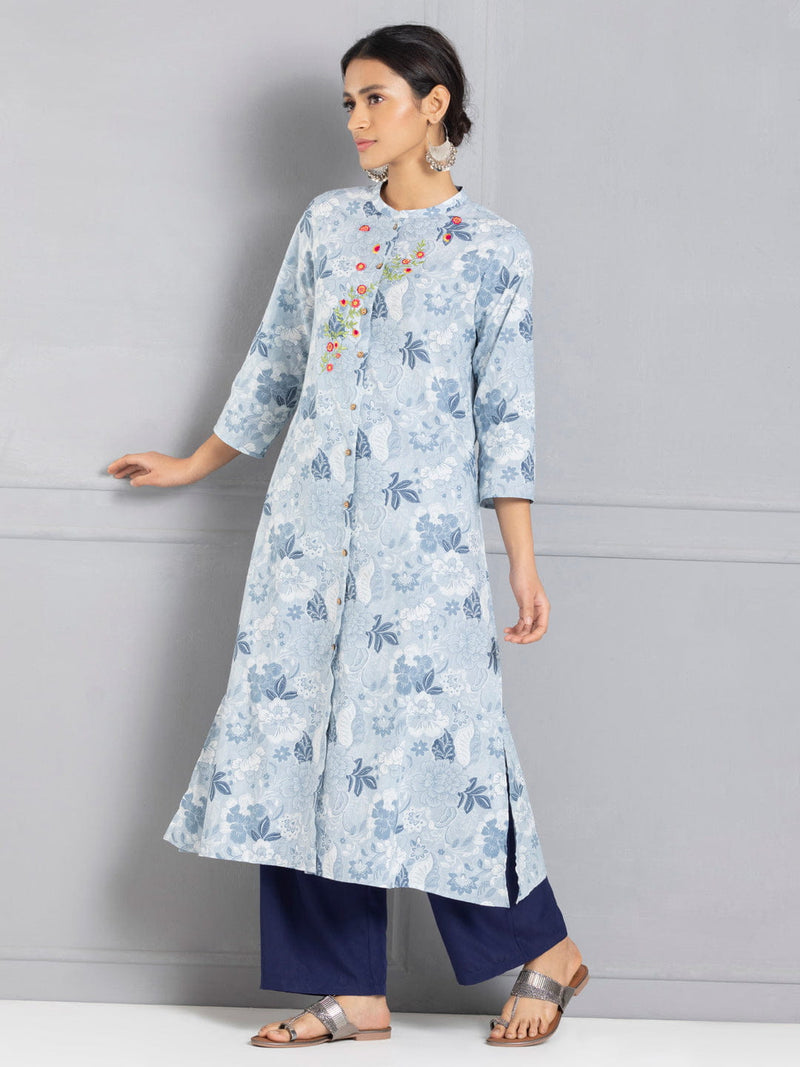 Blue Floral Embroidered & Printed Button Down Kurta