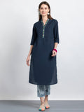 Navy Pin Tuck Floral Embroidered Straight Kurta