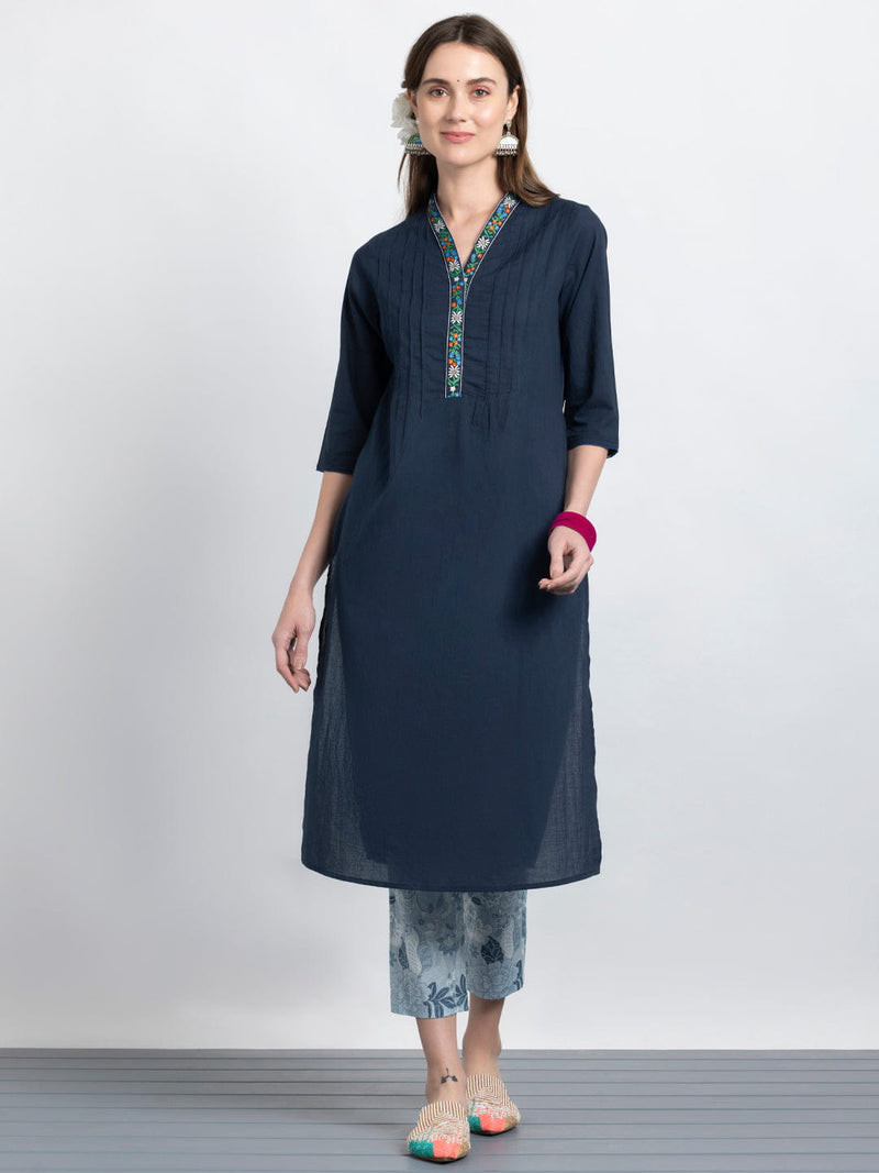 Navy Pin Tuck Floral Embroidered Straight Kurta