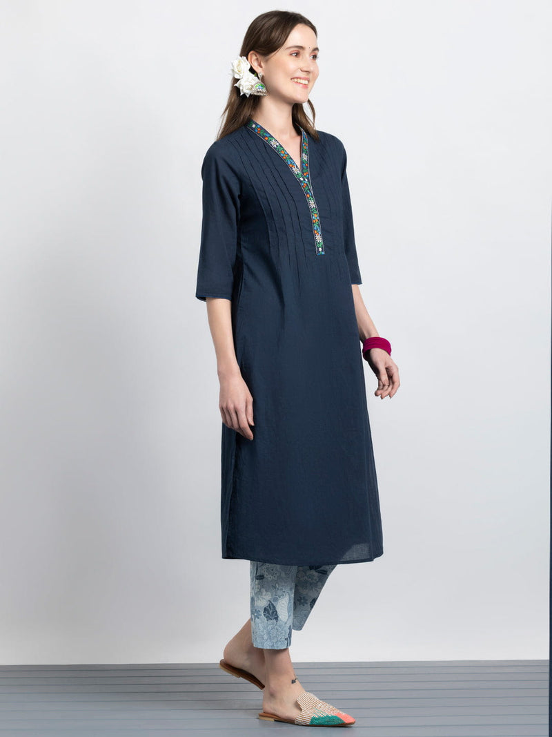 Navy Pin Tuck Floral Embroidered Straight Kurta
