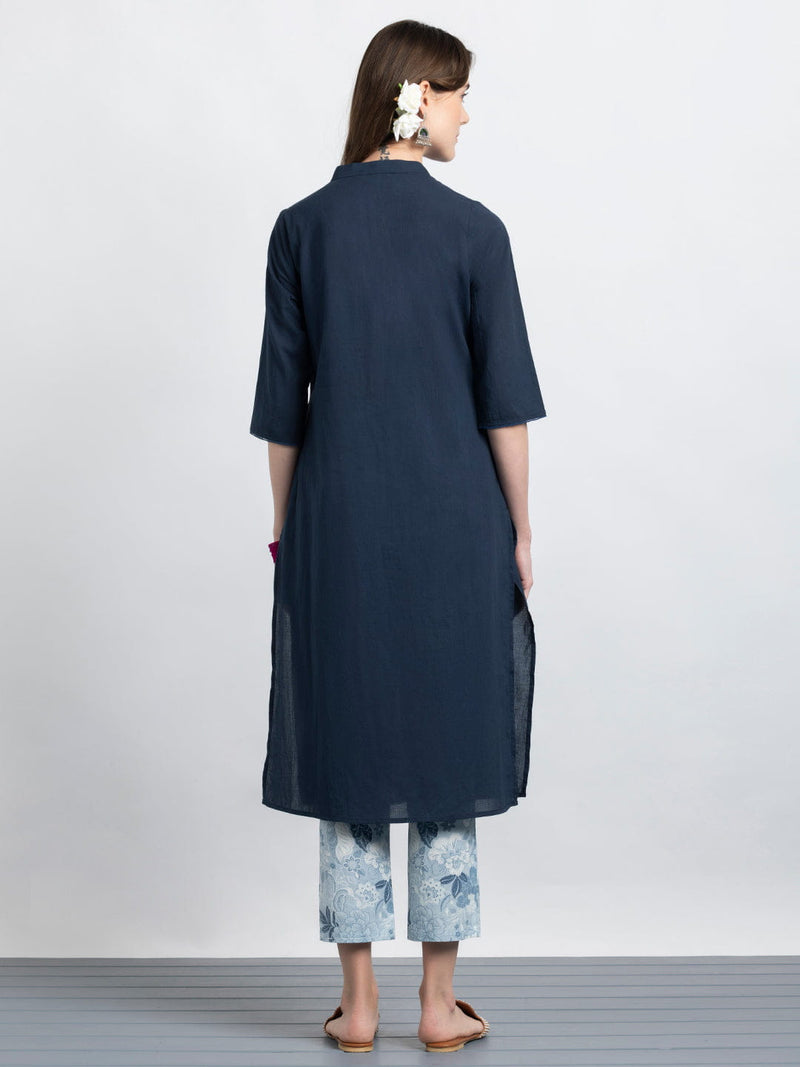Navy Pin Tuck Floral Embroidered Straight Kurta