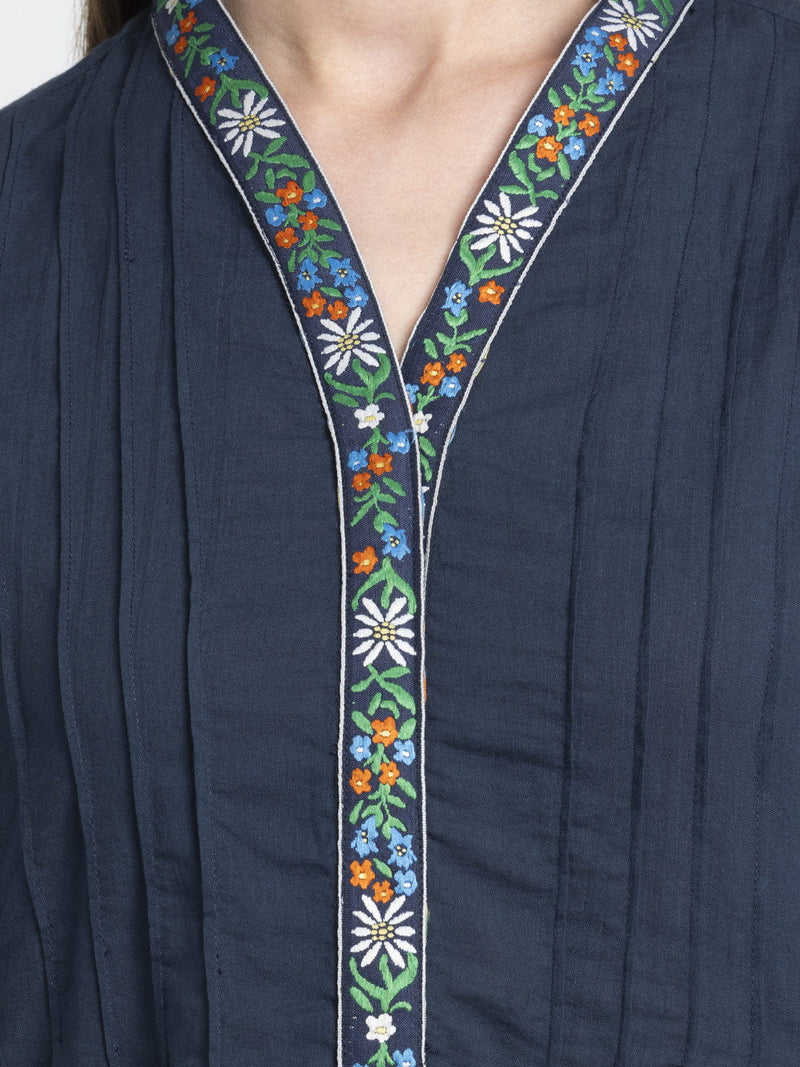 Navy Pin Tuck Floral Embroidered Straight Kurta