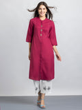 Raspberry Kantha Stitch Embellished Yoke Design Kurta