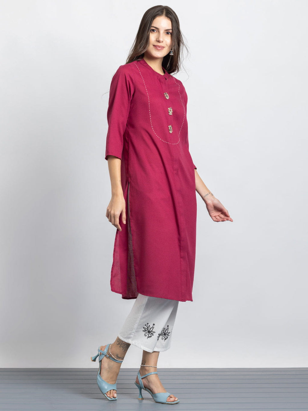 Raspberry Kantha Stitch Embellished Yoke Design Kurta