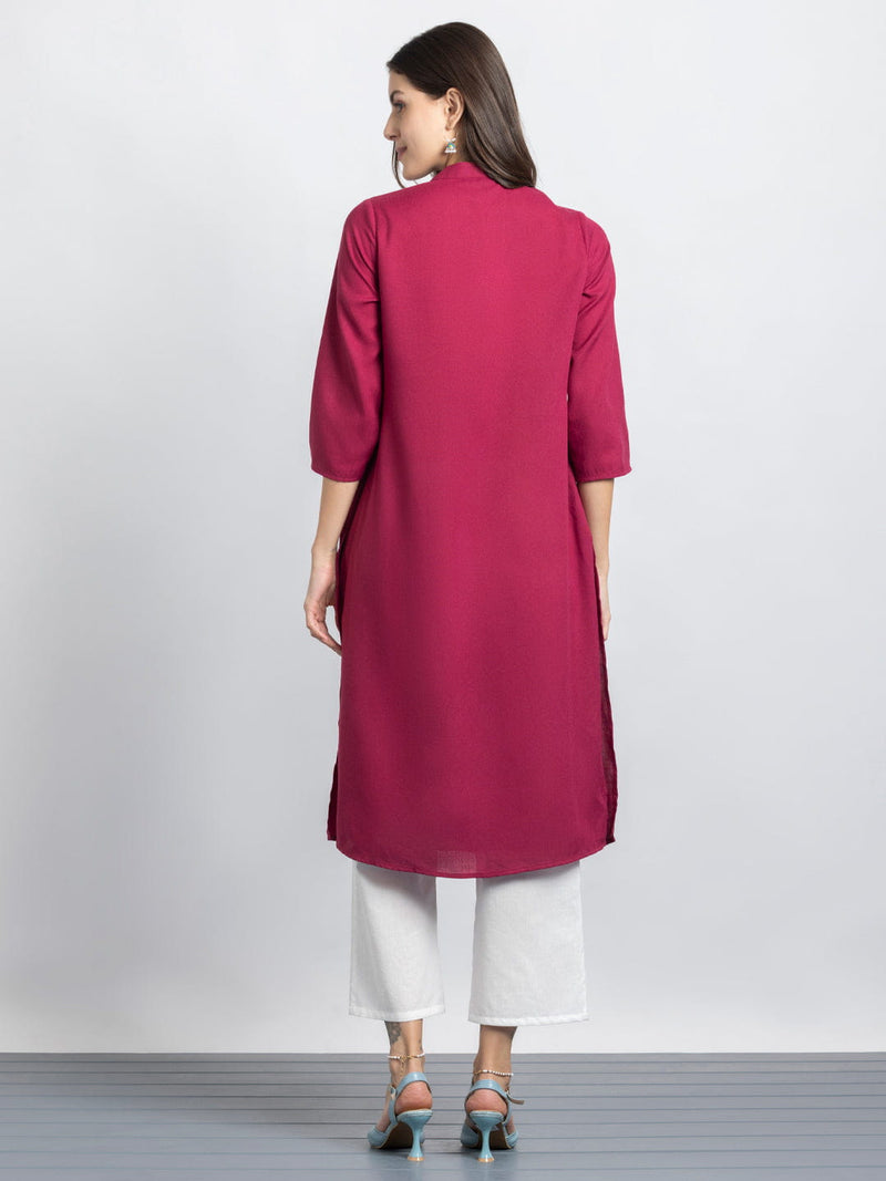 Raspberry Kantha Stitch Embellished Yoke Design Kurta