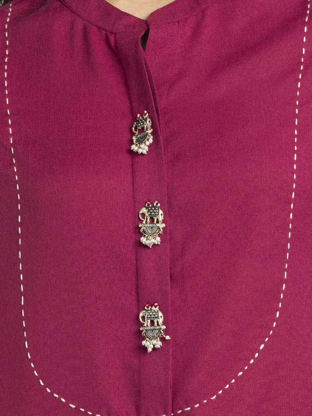 Raspberry Kantha Stitch Embellished Yoke Design Kurta