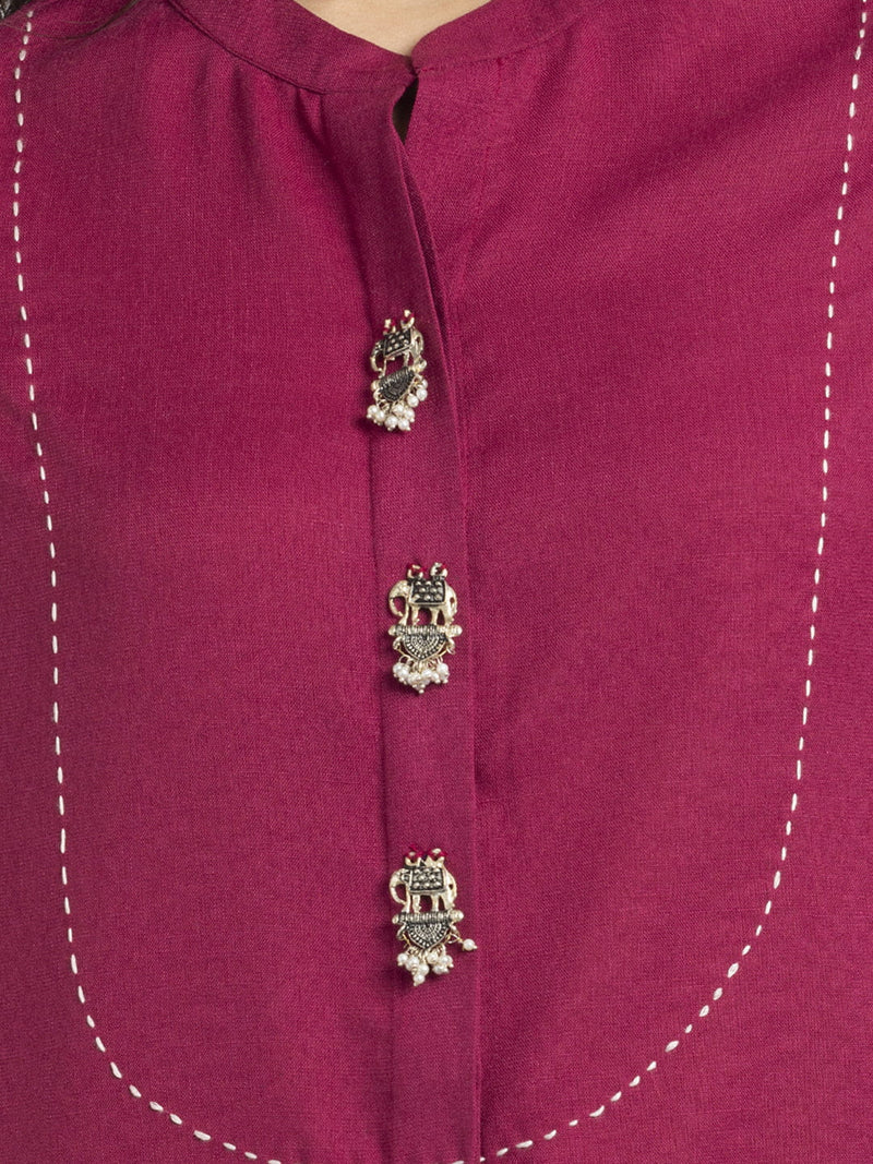 Raspberry Kantha Stitch Embellished Yoke Design Kurta