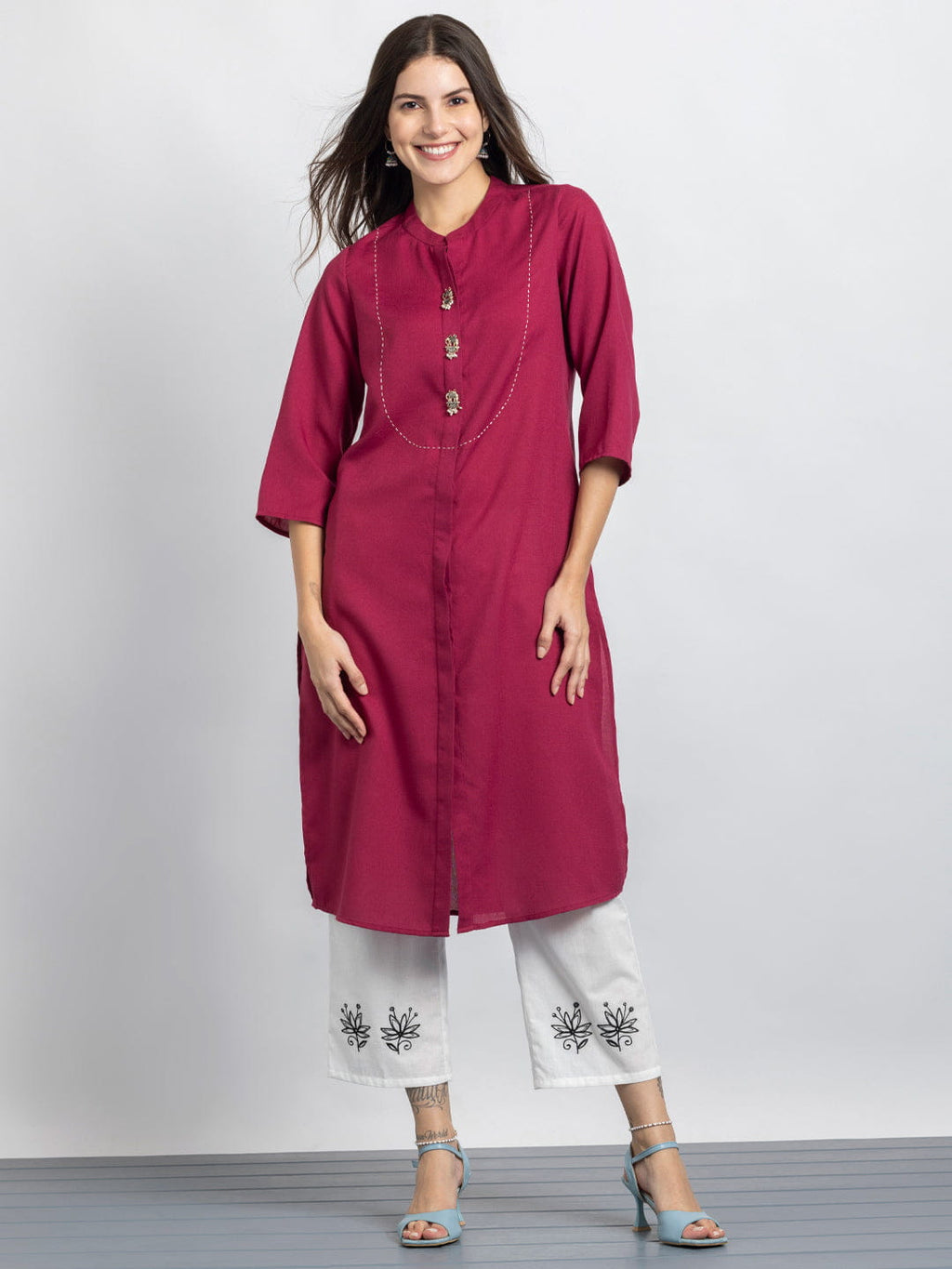 Raspberry Kantha Stitch Embellished Yoke Design Kurta