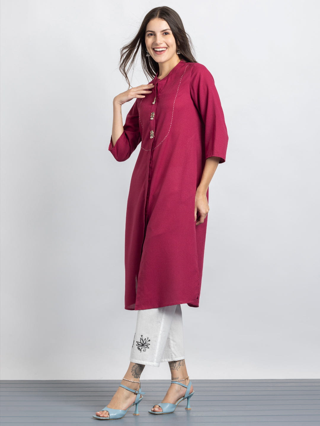Raspberry Kantha Stitch Embellished Yoke Design Kurta