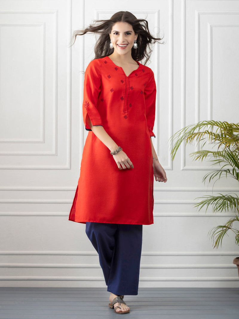 Red Ethnic Motif Embroidered Straight Kurta