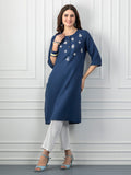 Navy Mirror Work White Embroidered Straight Kurta
