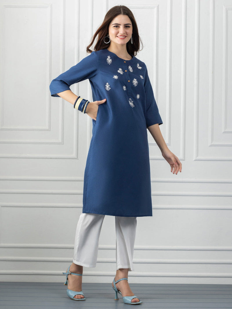 Navy Mirror Work White Embroidered Straight Kurta