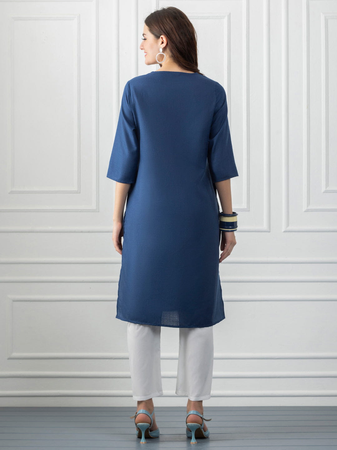Navy Mirror Work White Embroidered Straight Kurta