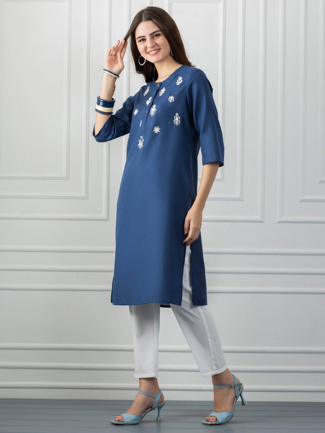 Navy Mirror Work White Embroidered Straight Kurta