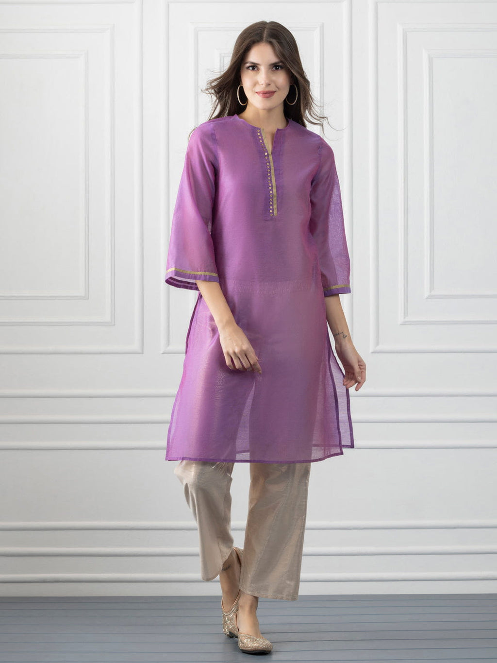 Purple Gold & Sequined Straight Kurta