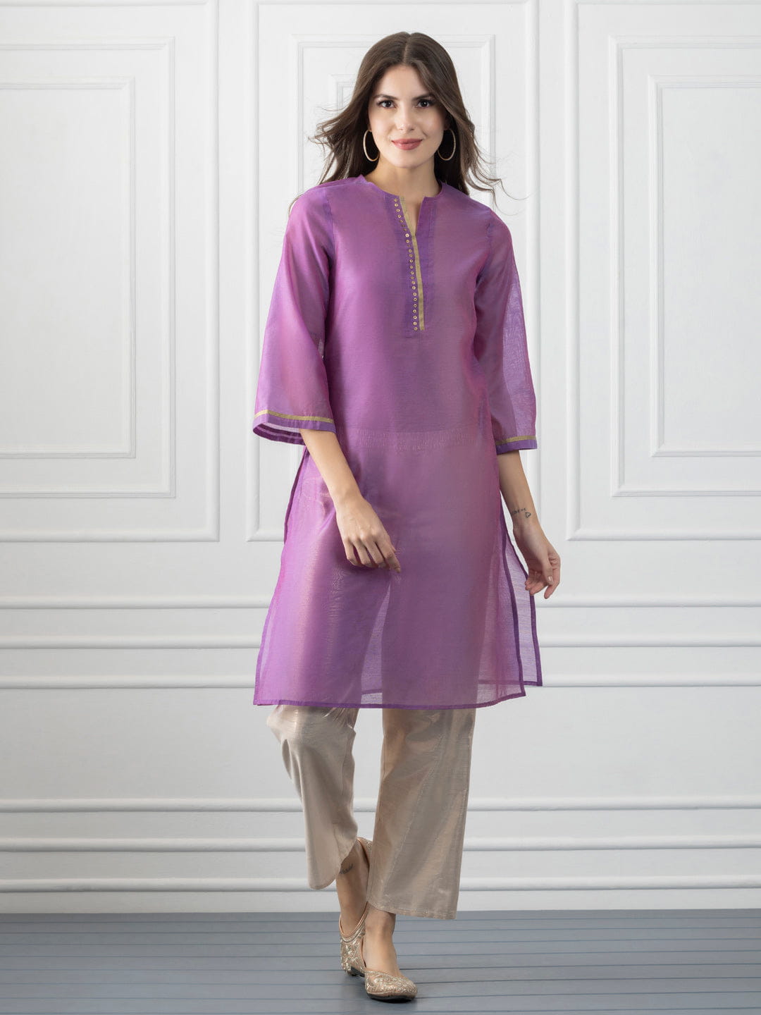 Purple Gold & Sequined Straight Kurta