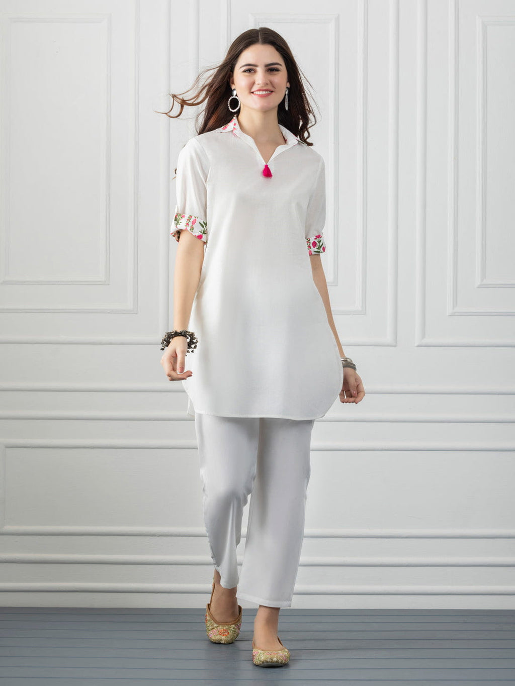 White Shirt Collar Kurti With Tassel & Floral Print Detailing