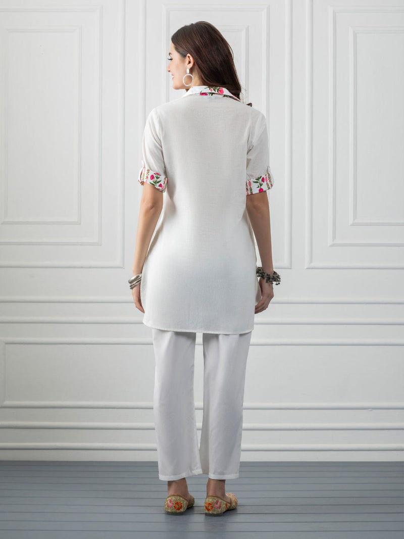 White Shirt Collar Kurti With Tassel & Floral Print Detailing