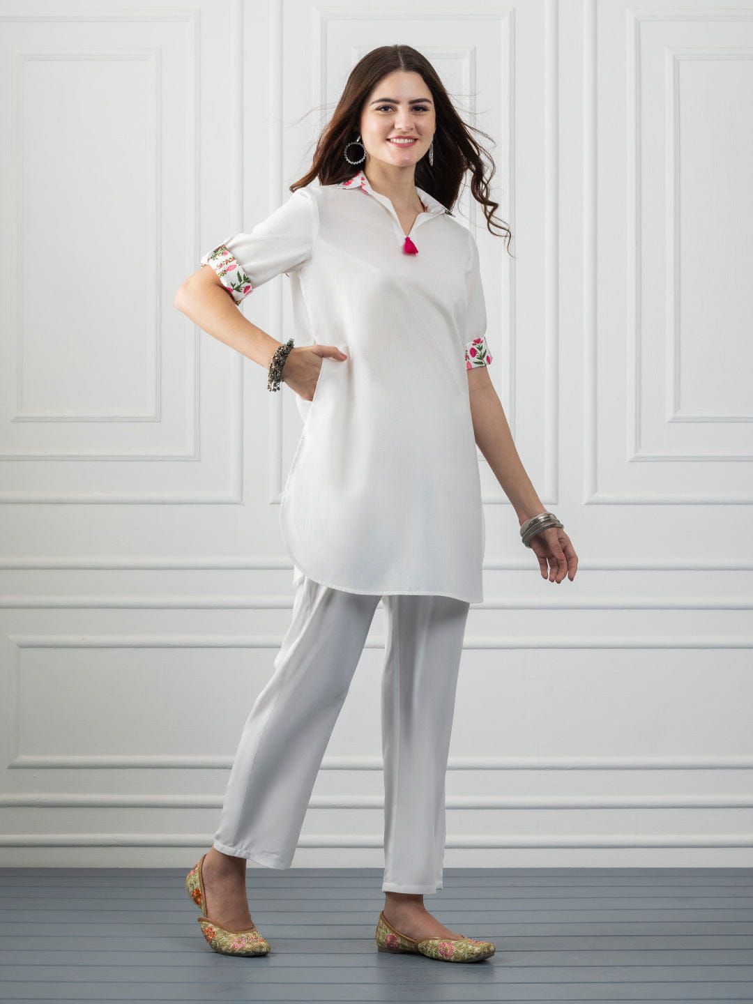 White Shirt Collar Kurti With Tassel & Floral Print Detailing