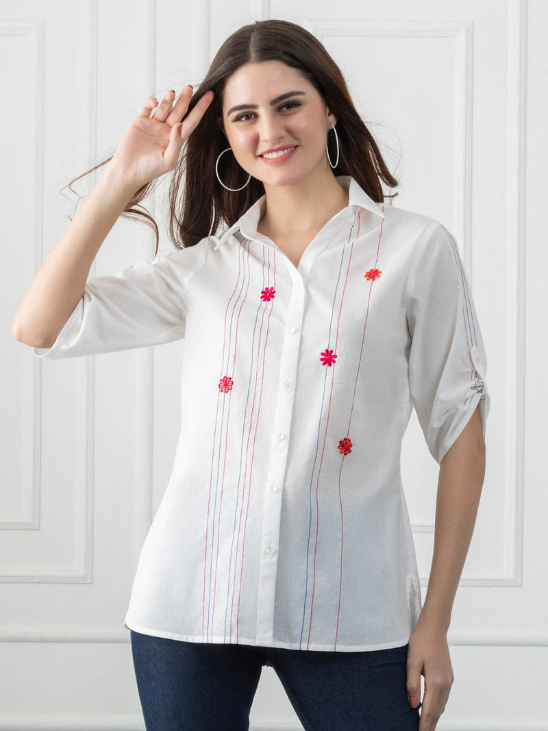 White Cotton Multi Kantha Stripes Kurti