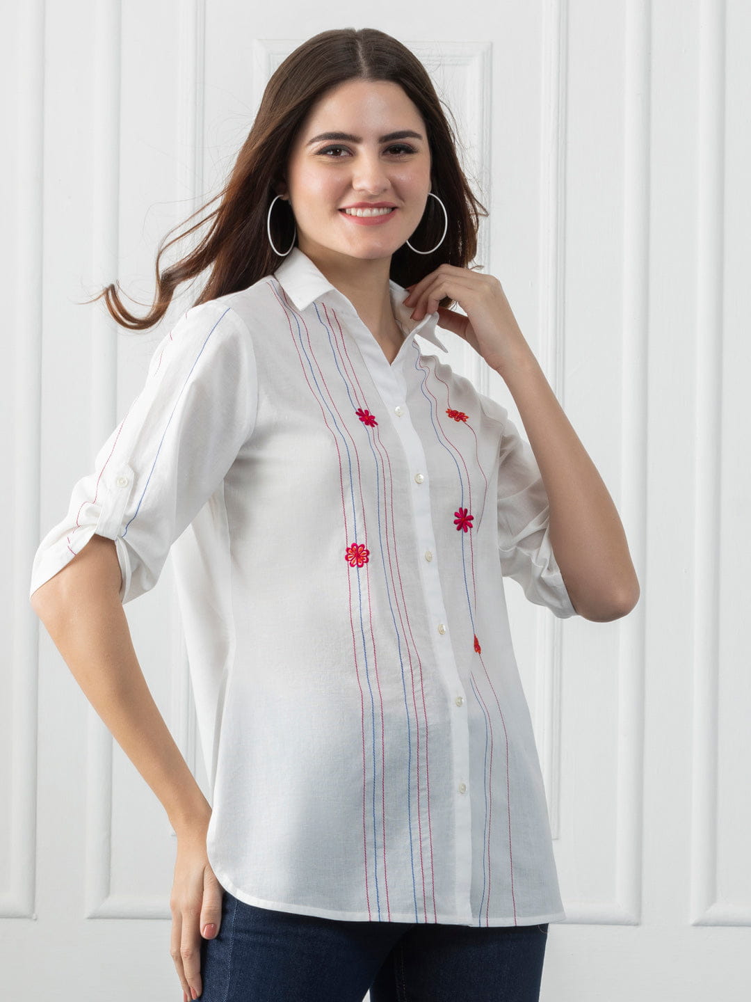 White Cotton Multi Kantha Stripes Kurti