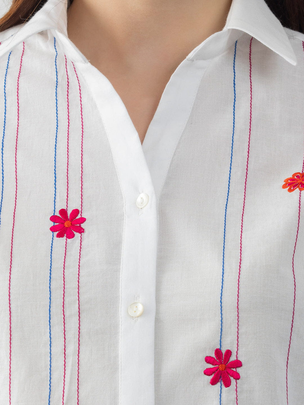 White Cotton Multi Kantha Stripes Kurti