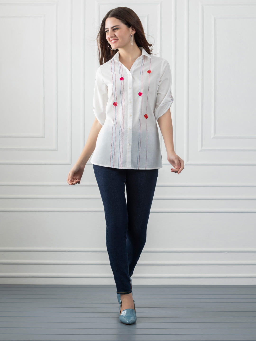 White Cotton Multi Kantha Stripes Kurti