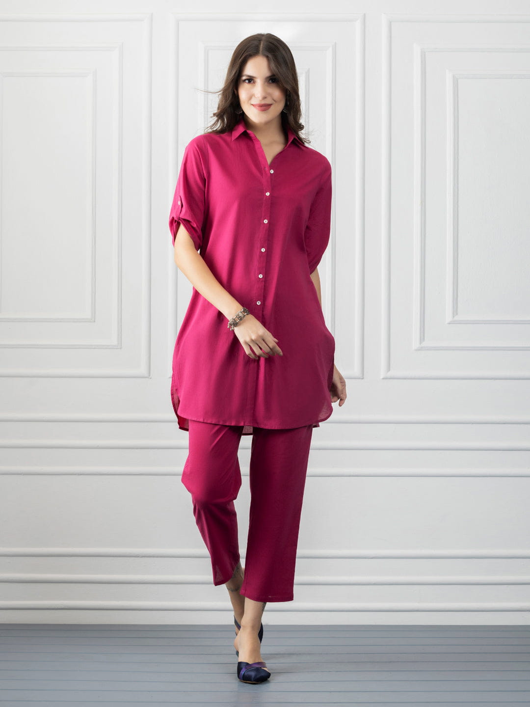 Berry Pink Cotton Shirt Collar Kurta