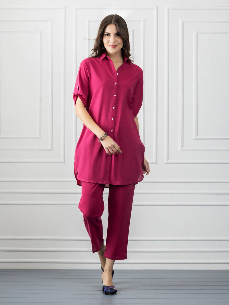Berry Pink Cotton Shirt Collar Kurta