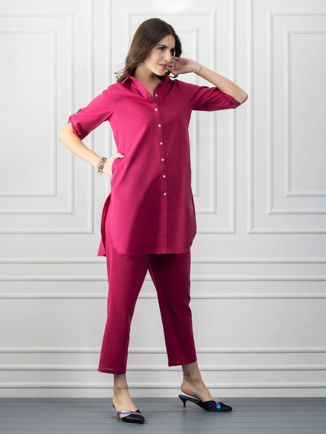 Berry Pink Cotton Shirt Collar Kurta