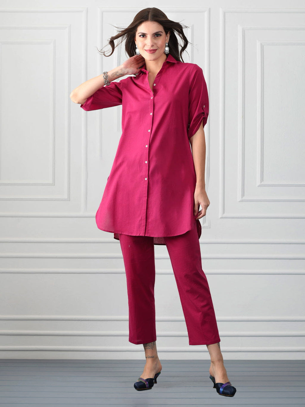 Berry Pink Cotton Shirt Collar Kurta