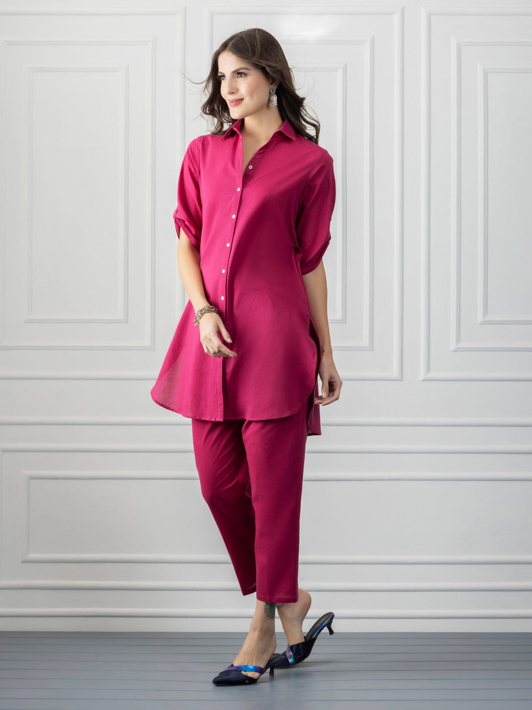Berry Pink Cotton Shirt Collar Kurta