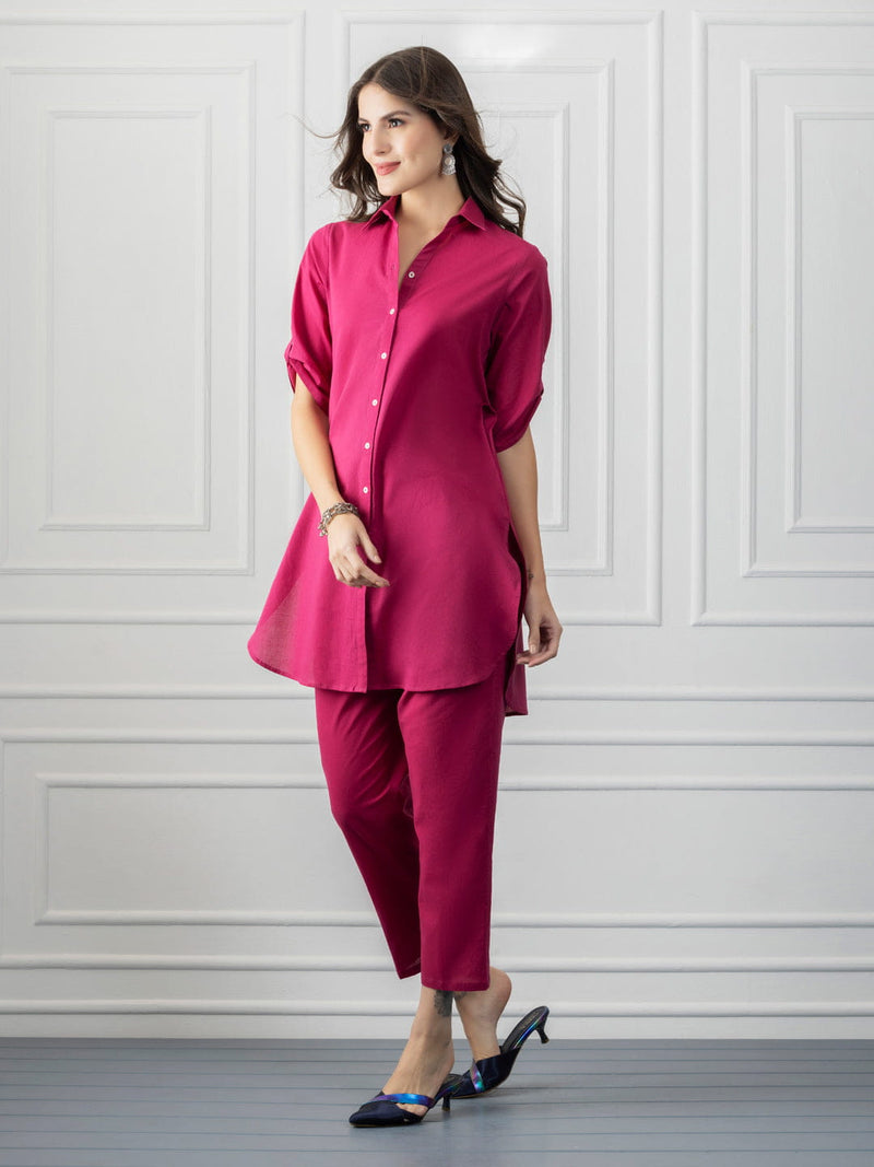 Berry Pink Cotton Shirt Collar Kurta