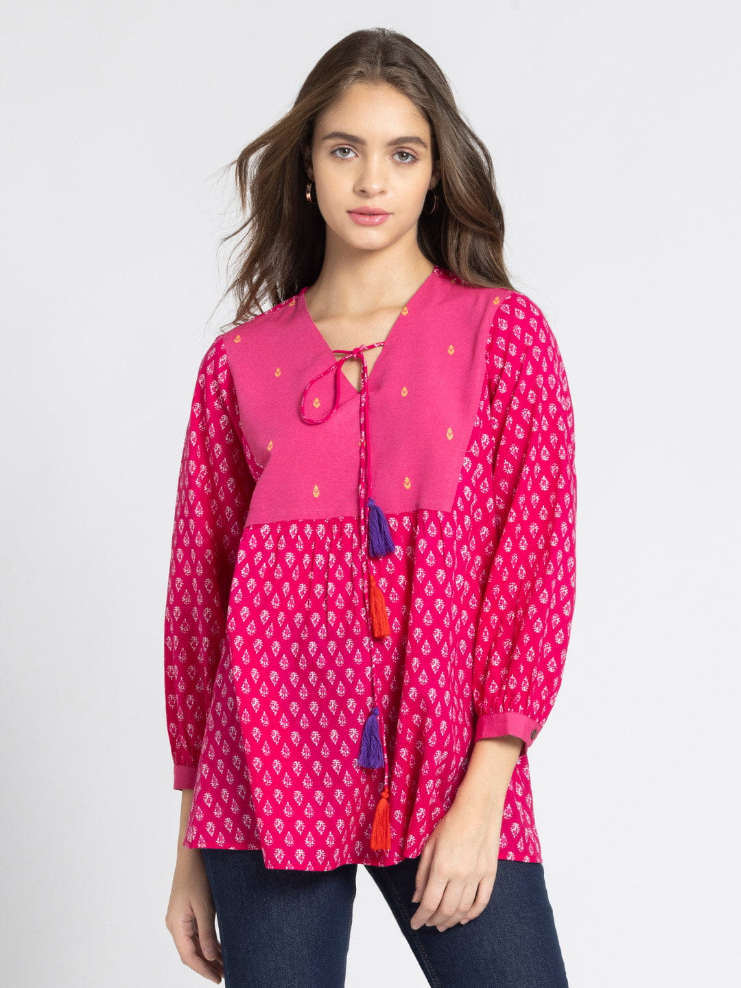 Pink V Neck Ethnic Motif Printed Kurti