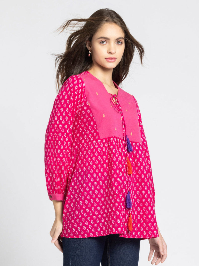 Pink V Neck Ethnic Motif Printed Kurti