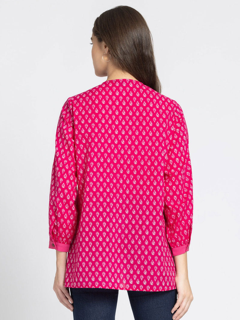 Pink V Neck Ethnic Motif Printed Kurti