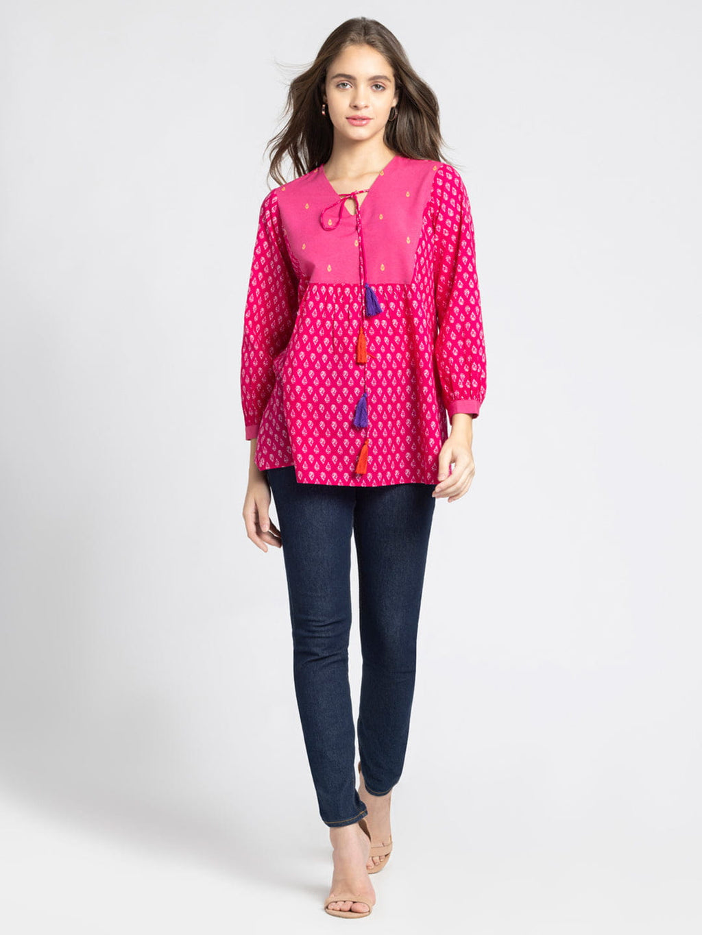 Pink V Neck Ethnic Motif Printed Kurti