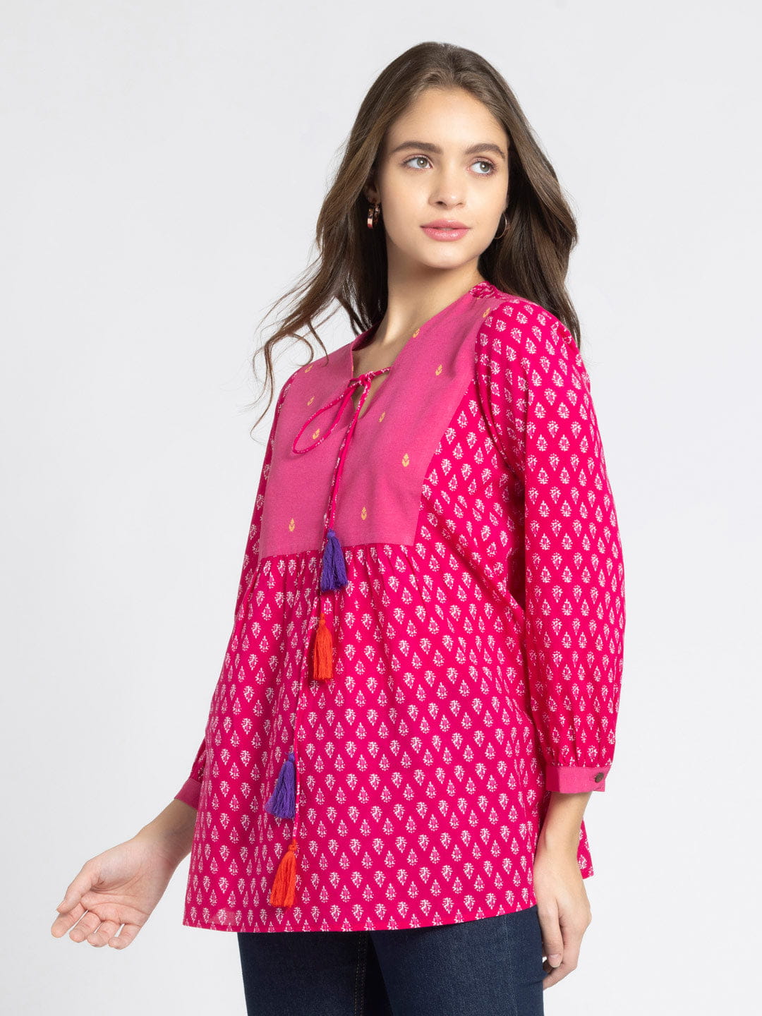 Pink V Neck Ethnic Motif Printed Kurti
