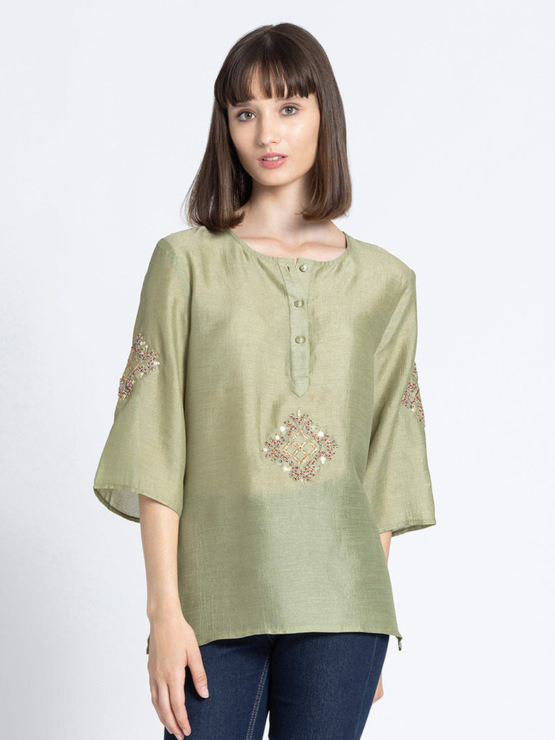 Green Sequin and Gold Embroidered Kurti