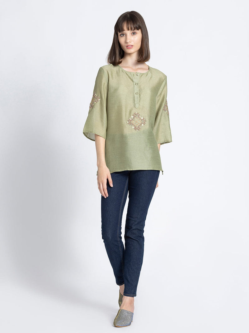 Green Sequin and Gold Embroidered Kurti